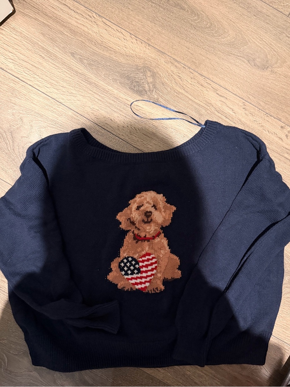 Hollister Navy Sweater with Dog & American Flag Heart Off Shoulder